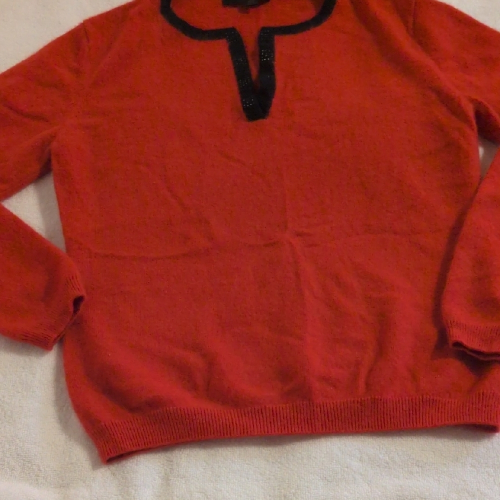 100% Cashmere Red Sweater with Black Trim